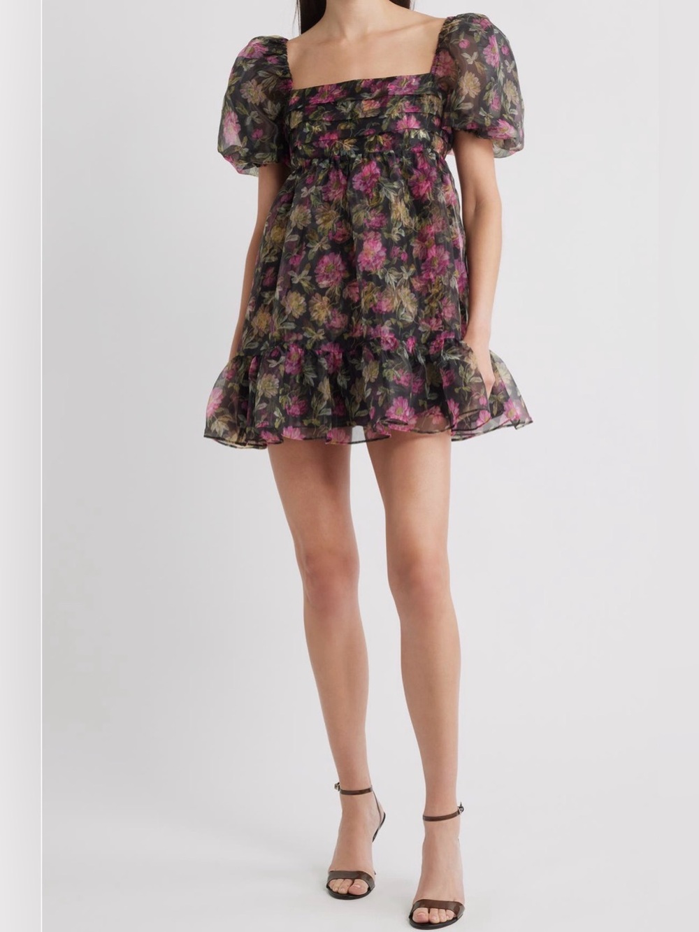 NWT LIKELY Sheer Organza Floral Puff Sleeve Minidress Black Pink Size 6